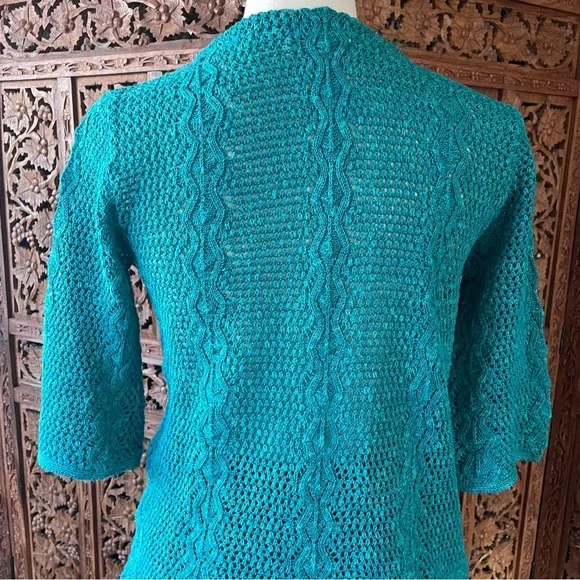 Vintage Teal Cotton Crochet Knit Tie-Neck Quarter Sleeve Sweater Boho Beach - Picture 11 of 13